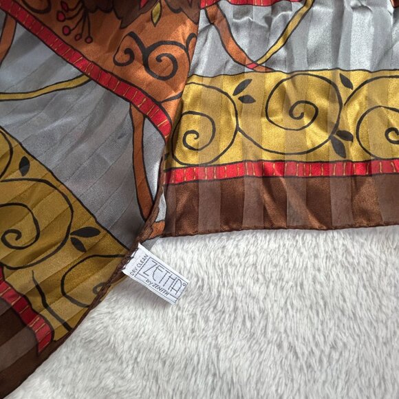 Zetha by Zenith 100% Silk Scarf 62x17 Abstract Pattern Red Gray Lightweight - Picture 2 of 4